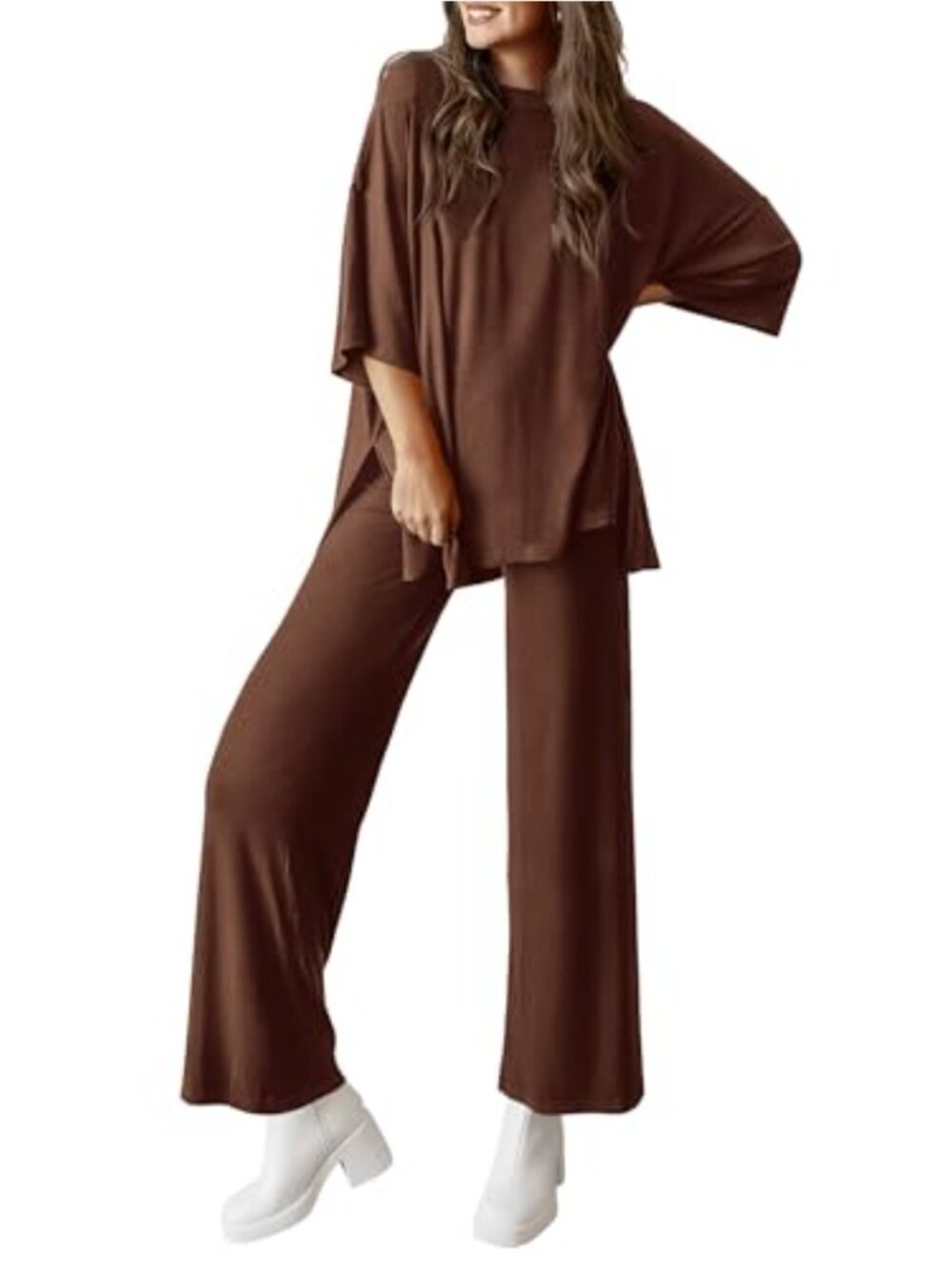 Two Piece Lounge Set for Women Knit Matching Tracksuit with Wide Leg Pants and